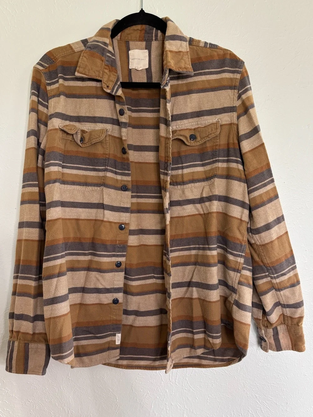 American Eagle Striped Button-Up Shirt in Tan and Brown